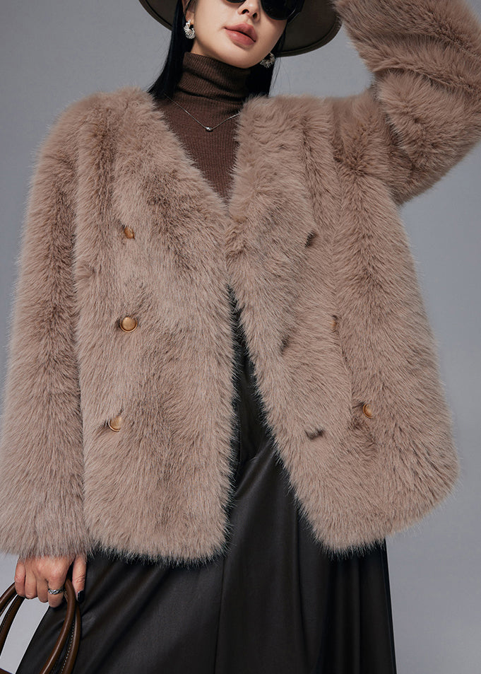 Brown Warm Faux Fox Fur Coats V Neck Double Breast Winter