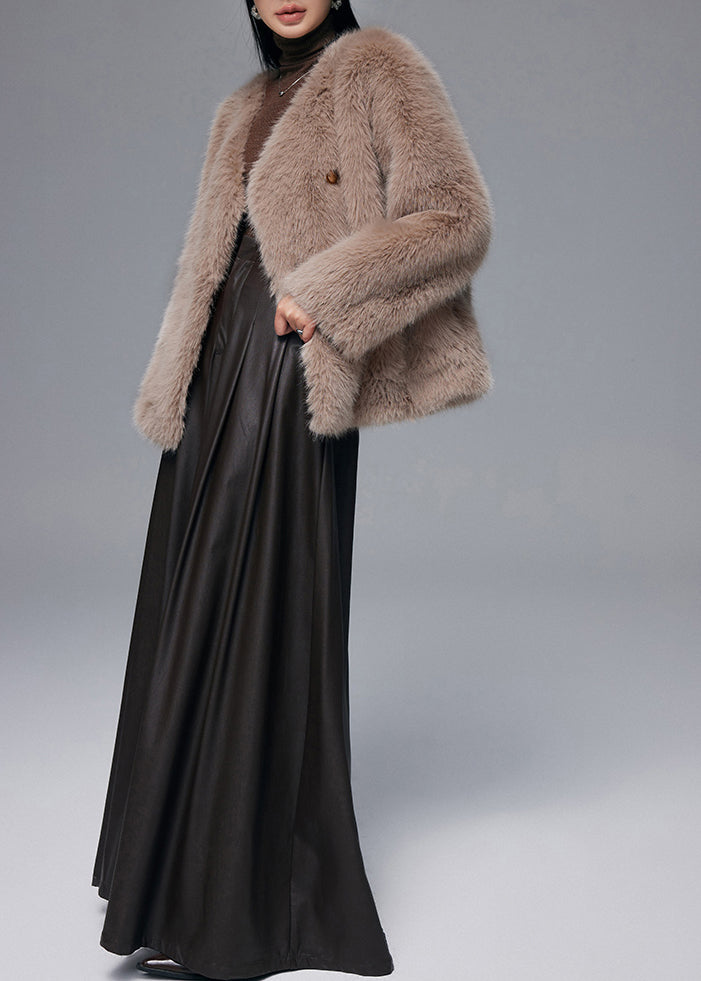 Brown Warm Faux Fox Fur Coats V Neck Double Breast Winter