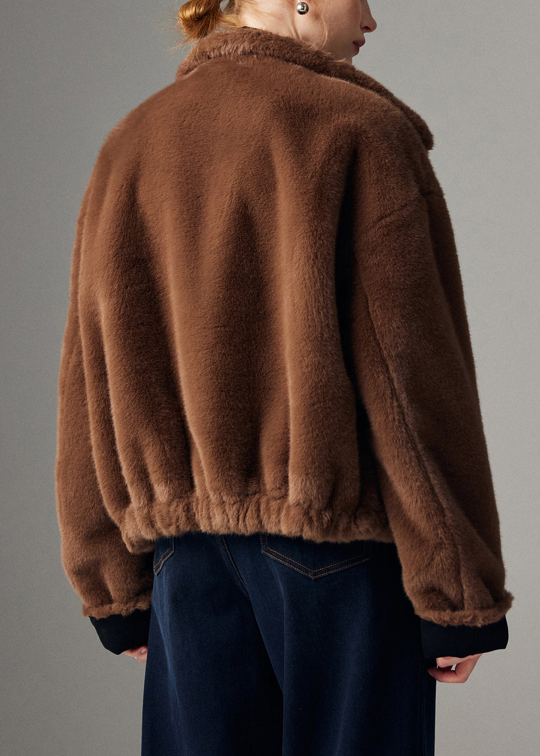 Brown Wear On Both Sides Pockets Faux Suede Coats Stand Collar