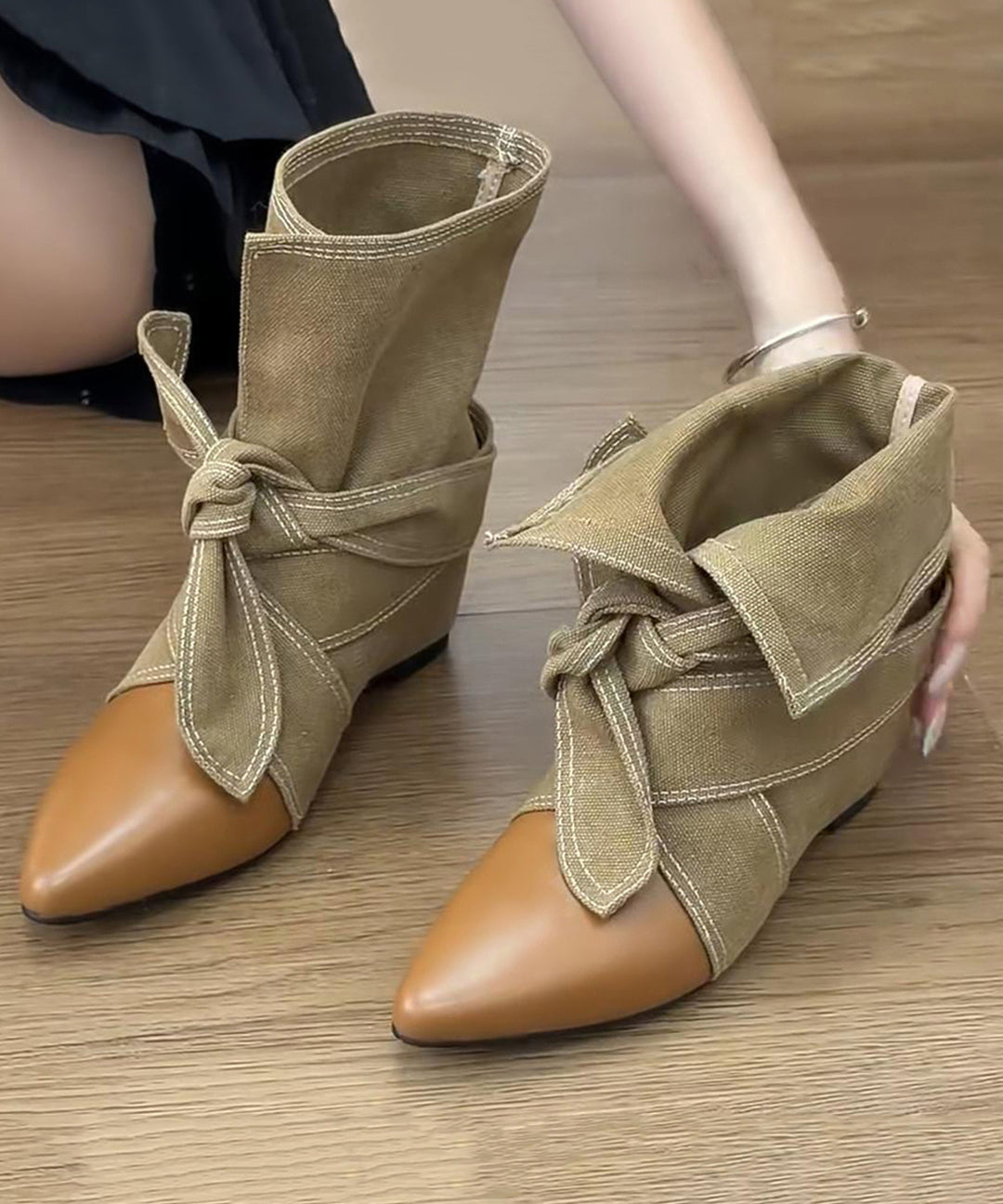 Brown Wedge Cowhide Leather Fine Splicing Boots Pointed Toe