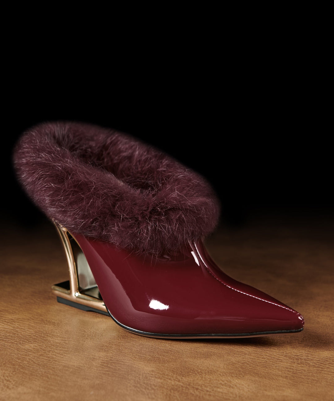 Brown Wedge Cowhide Leather Stylish Splicing Fuzzy Wool Lined