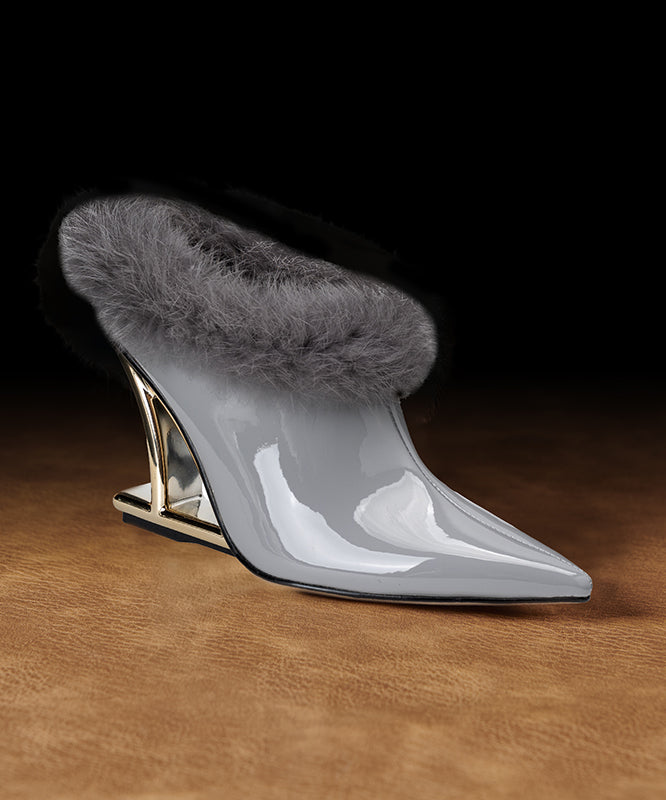 Brown Wedge Cowhide Leather Stylish Splicing Fuzzy Wool Lined