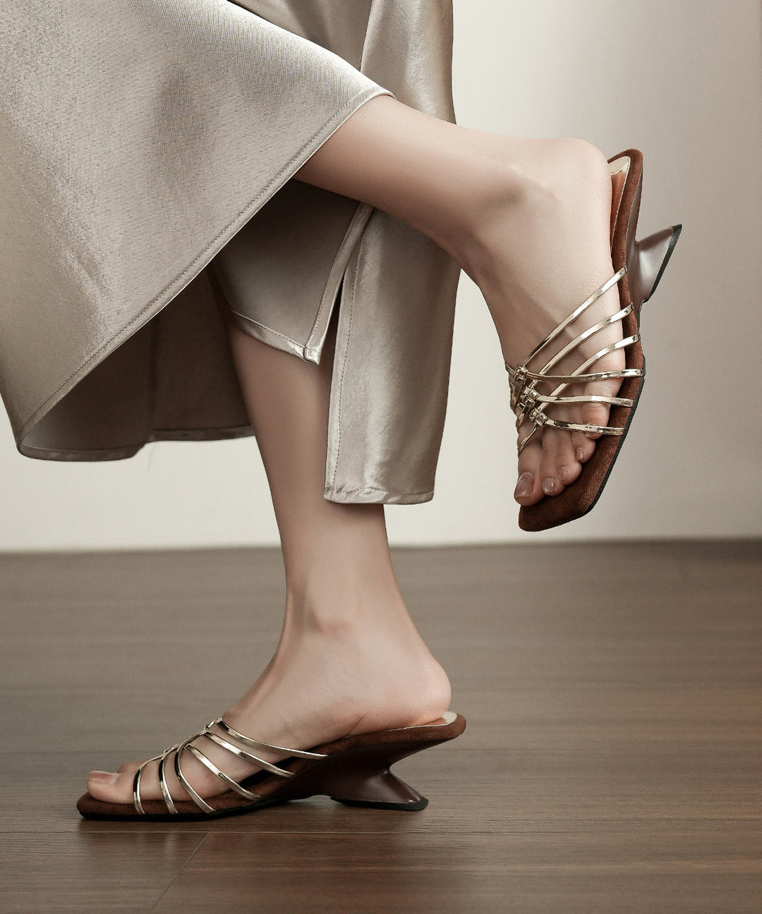 Brown Wedge Faux Leather Art Black Flip Flops
