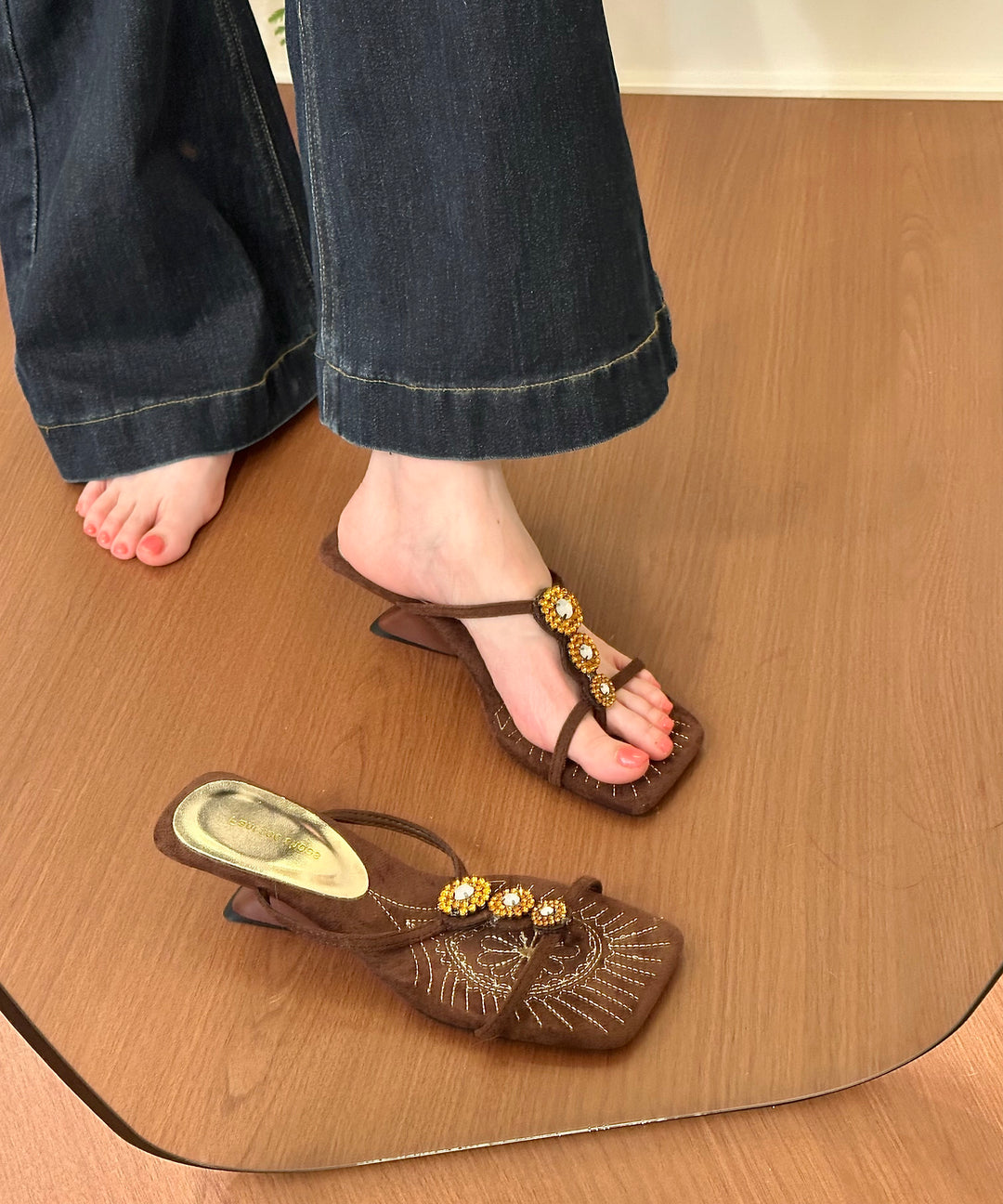 Brown Wedge Faux Leather Chic Thong Sandals