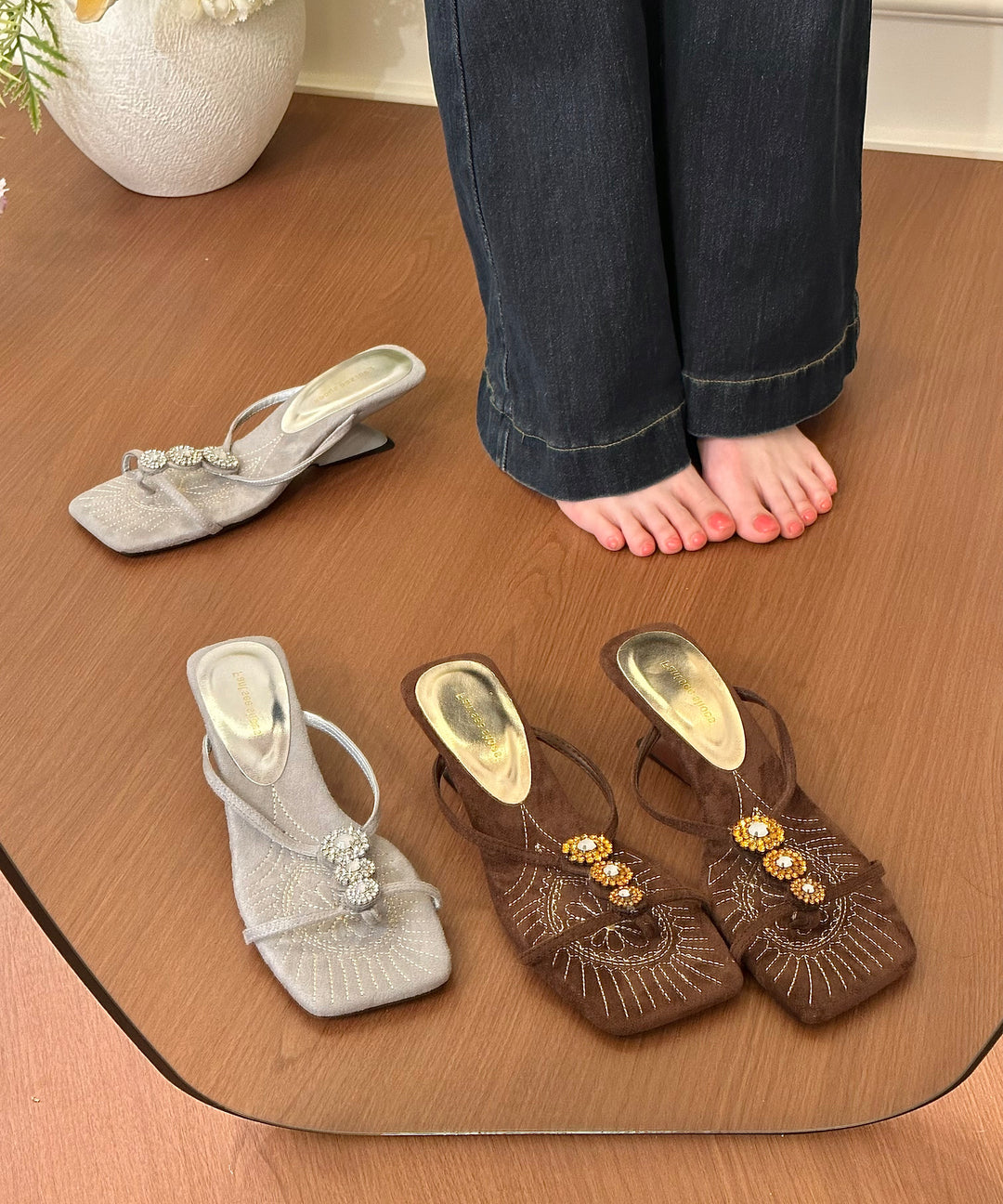 Brown Wedge Faux Leather Chic Thong Sandals