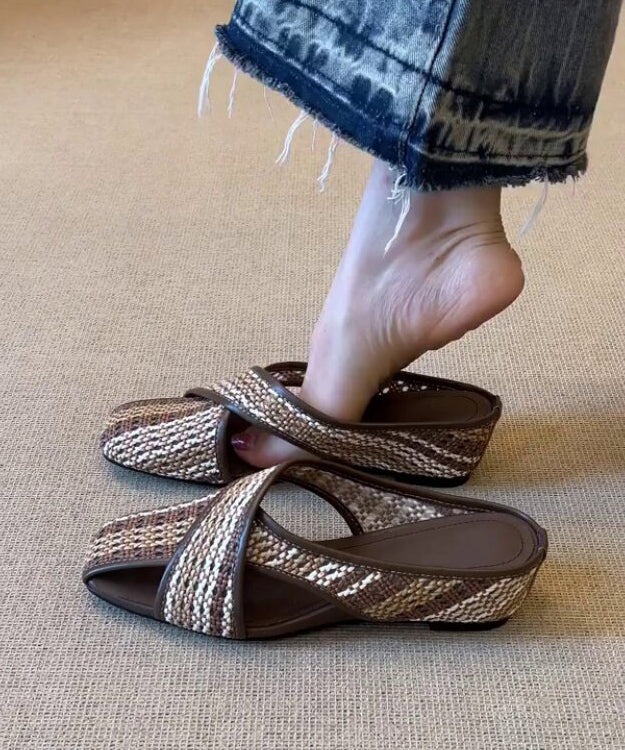 Brown Wedge Faux Leather Comfortable Splicing Slide Sandals