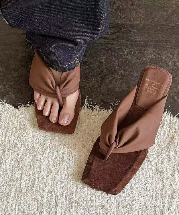 Brown Wedge Faux Leather Comfy Thong Sandals