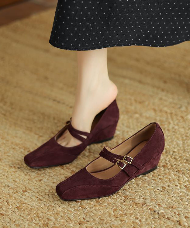 Brown Wedge Heels Shoes Suede New Splicing Buckle Strap