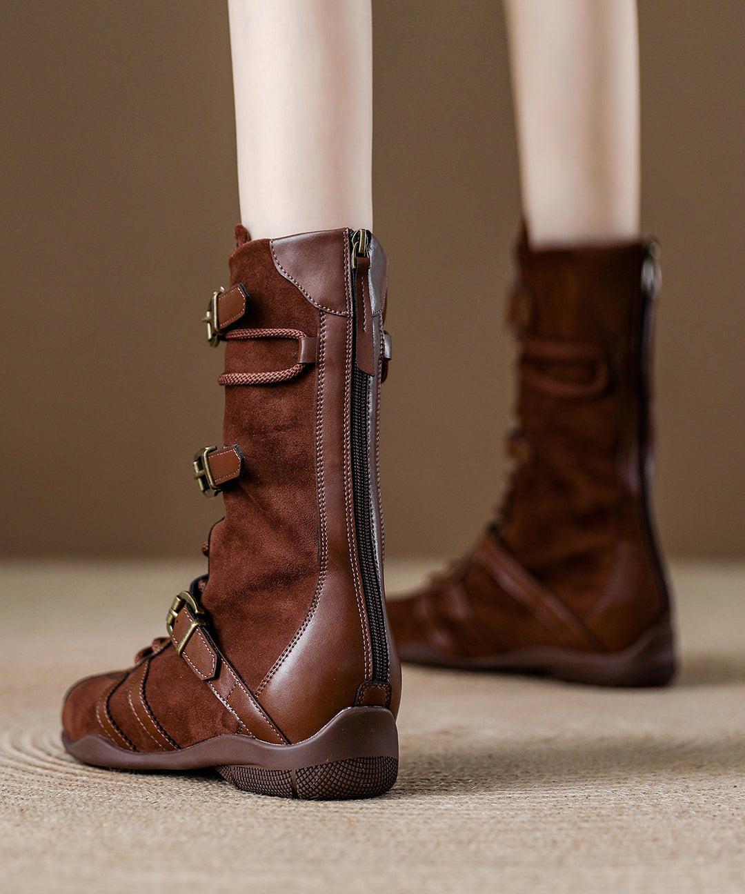 Brown Wedge Suede Stylish Lace Up Zippered Splicing Boots