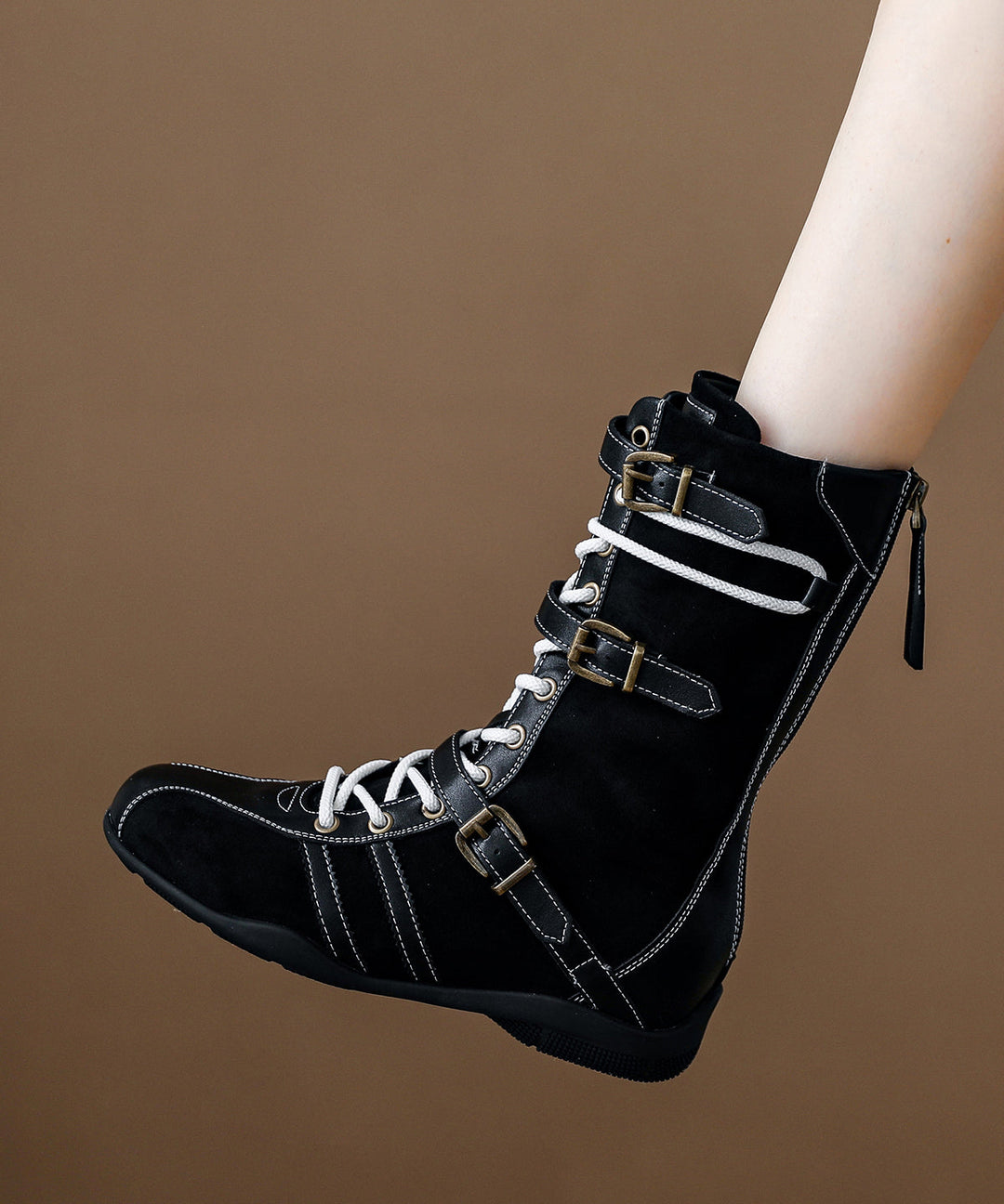 Brown Wedge Suede Stylish Lace Up Zippered Splicing Boots