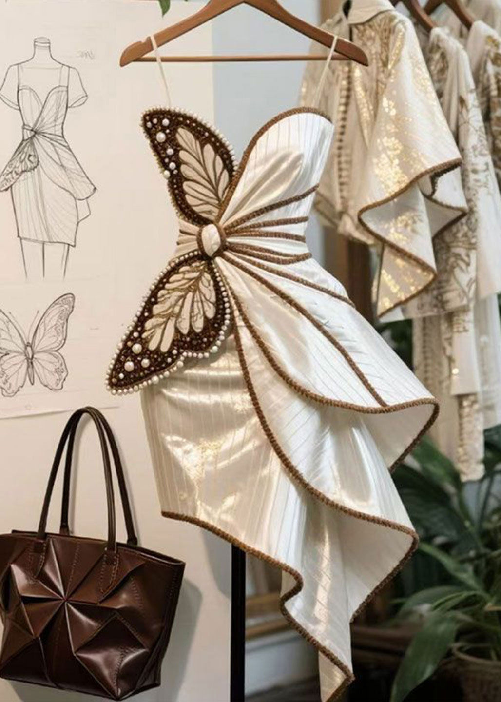Butterfly Decoration Nail Bead Asymmetrical Dress Design 2025 New