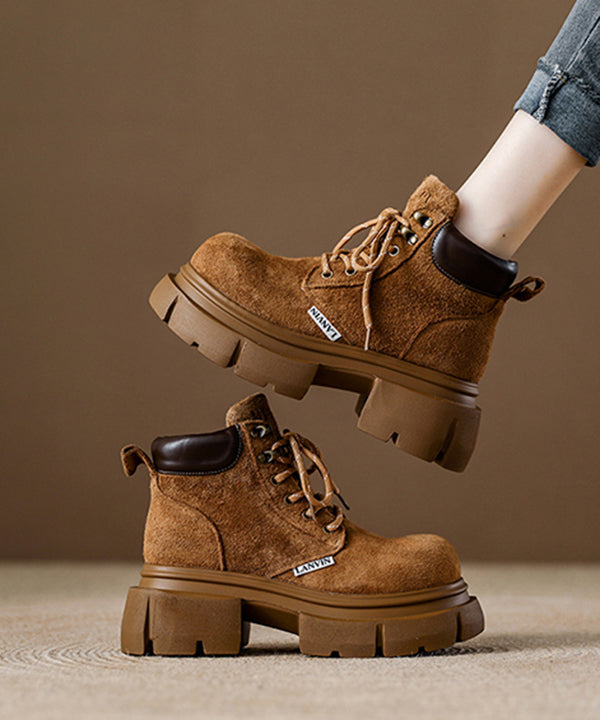 Camel Platform Suede Comfy Splicing Lace Up Boots