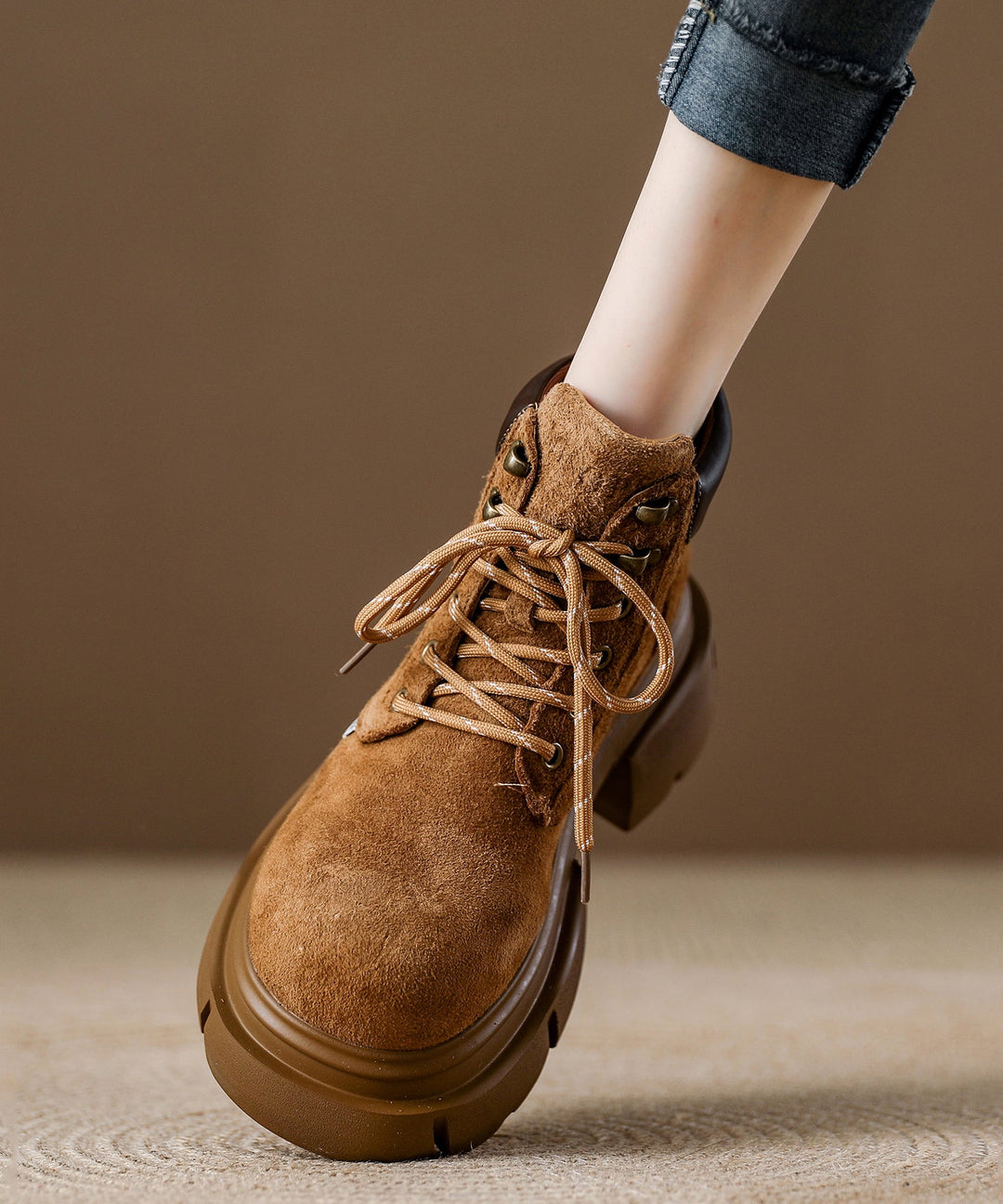 Camel Platform Suede Comfy Splicing Lace Up Boots