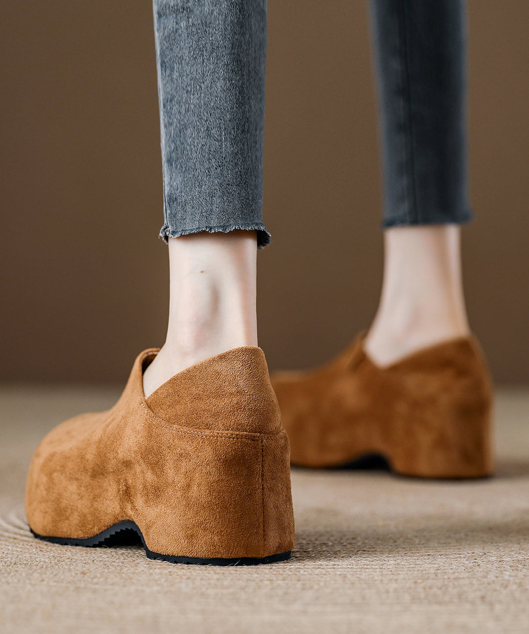 Camel Platform Suede Women Splicing Loafer Shoes