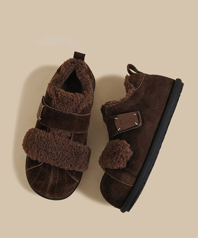 Camel Suede Flat Feet Shoes Splicing Fuzzy Wool Lined
