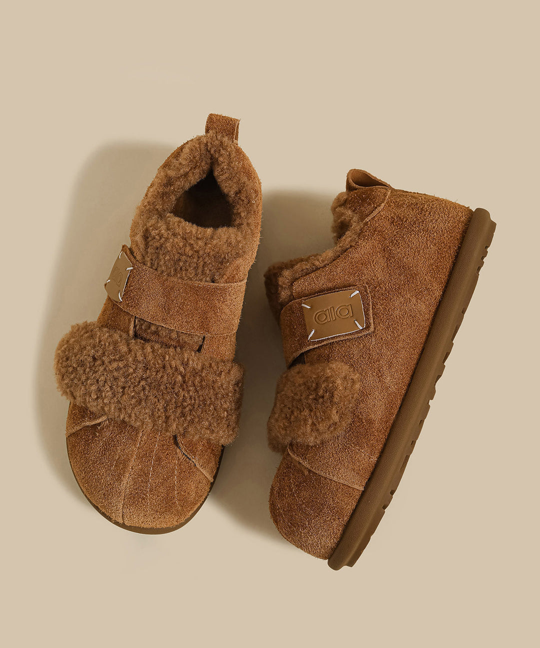 Camel Suede Flat Feet Shoes Splicing Fuzzy Wool Lined