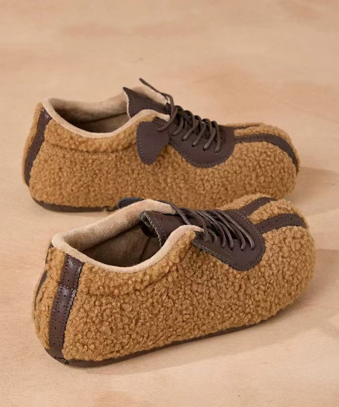 Camel Suede Lace Up Splicing Loafers Fuzzy Wool Lined