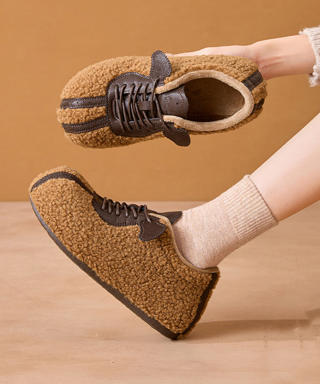 Camel Suede Lace Up Splicing Loafers Fuzzy Wool Lined