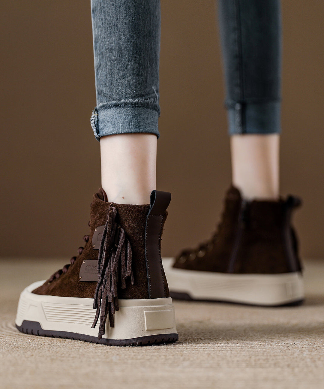 Camel Suede Tassel Splicing Platform Boots Lace Up