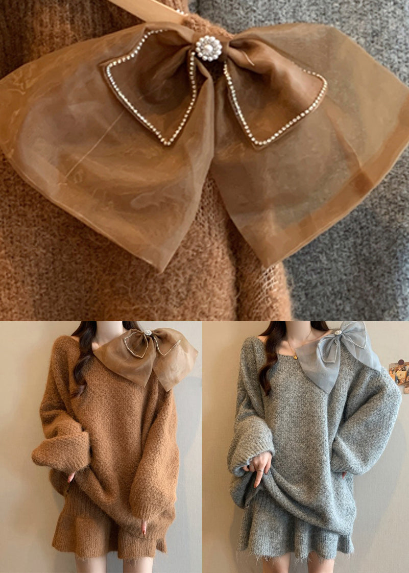 Caramel Bow Patchwork Cotton Knit Sweaters And Skirts Two Pieces Set Lantern Sleeve