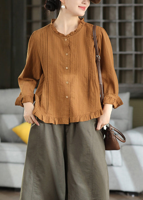 Caramel Button Patchwork Cotton Shirt Tops Ruffled Fall