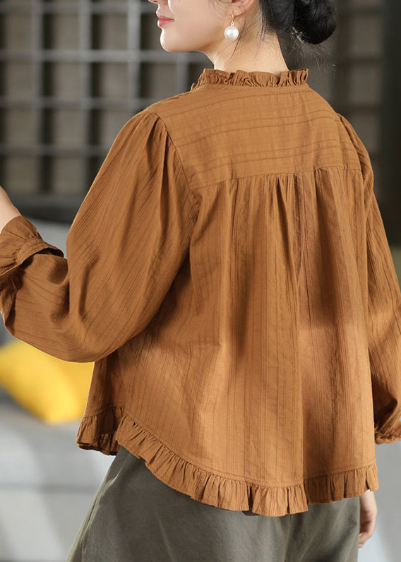 Caramel Button Patchwork Cotton Shirt Tops Ruffled Fall