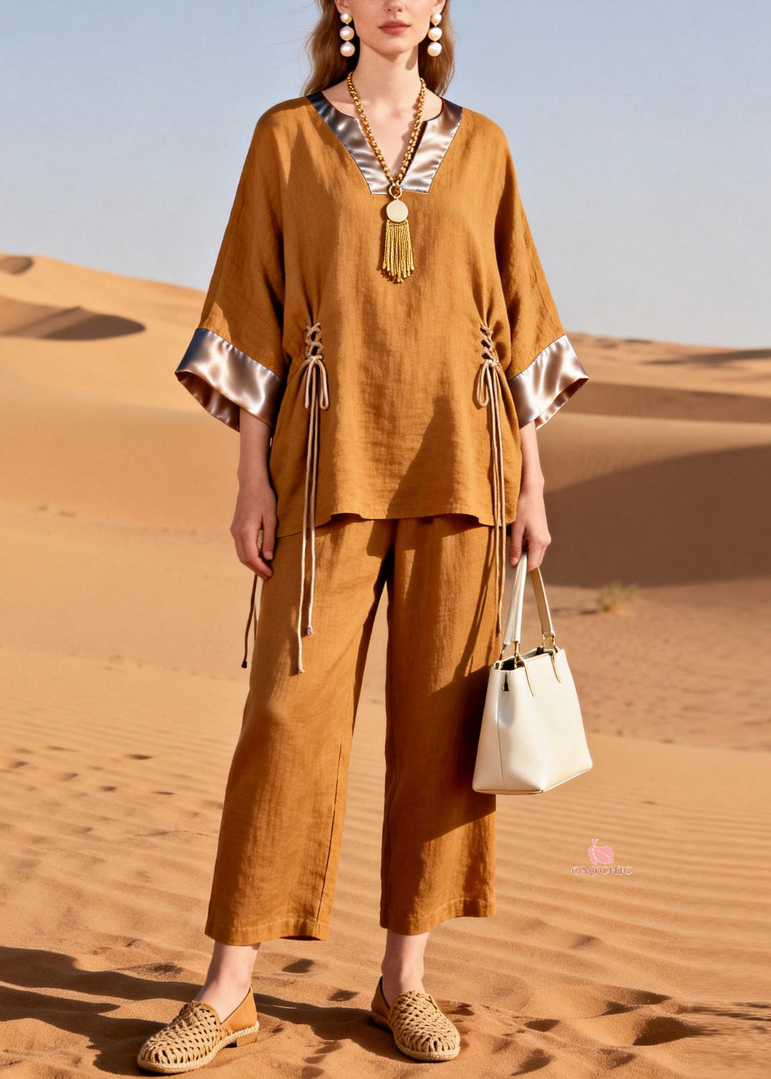 Caramel Cinched Silk Patchwork Two Piece Set V Neck Spring