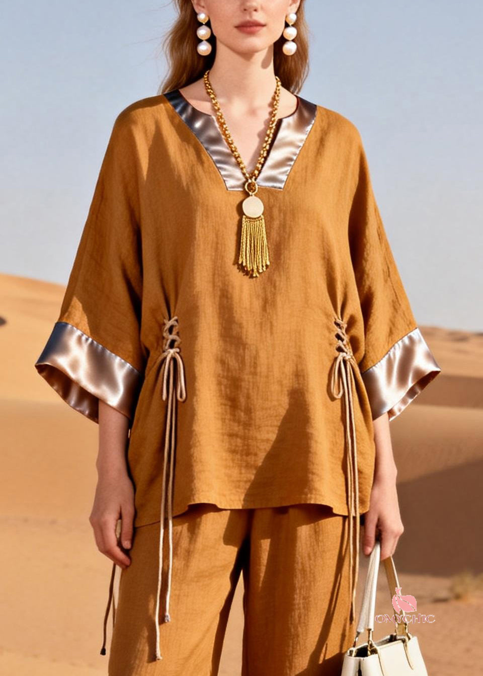 Caramel Cinched Silk Patchwork Two Piece Set V Neck Spring