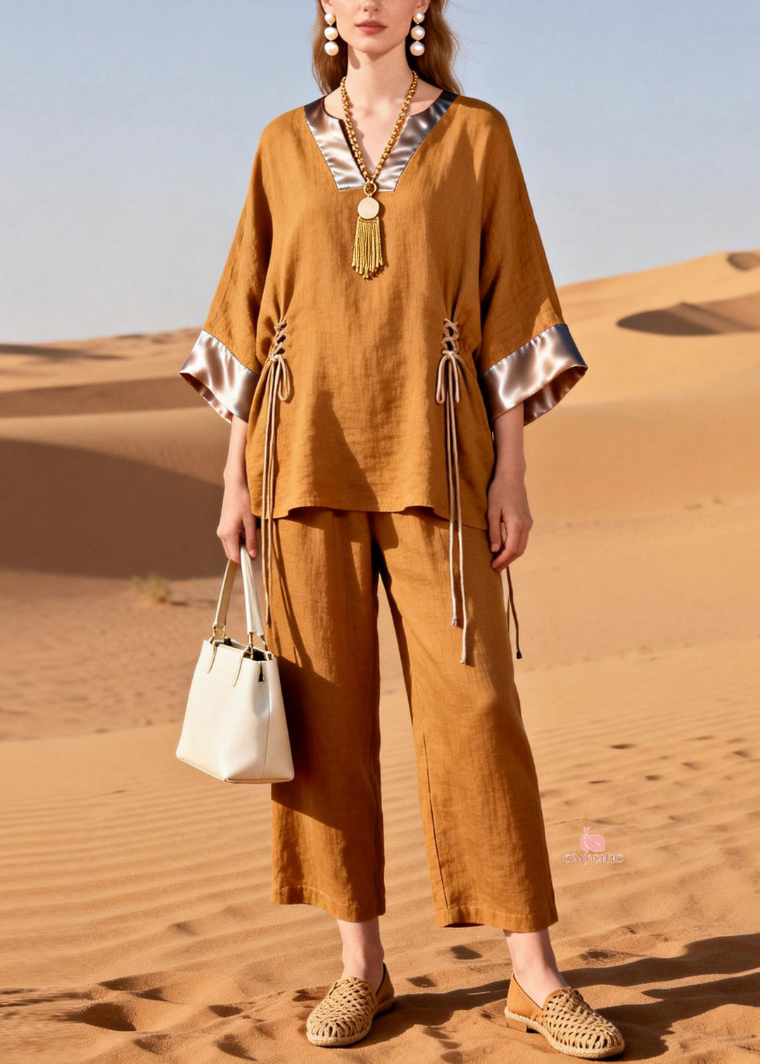 Caramel Cinched Silk Patchwork Two Piece Set V Neck Spring