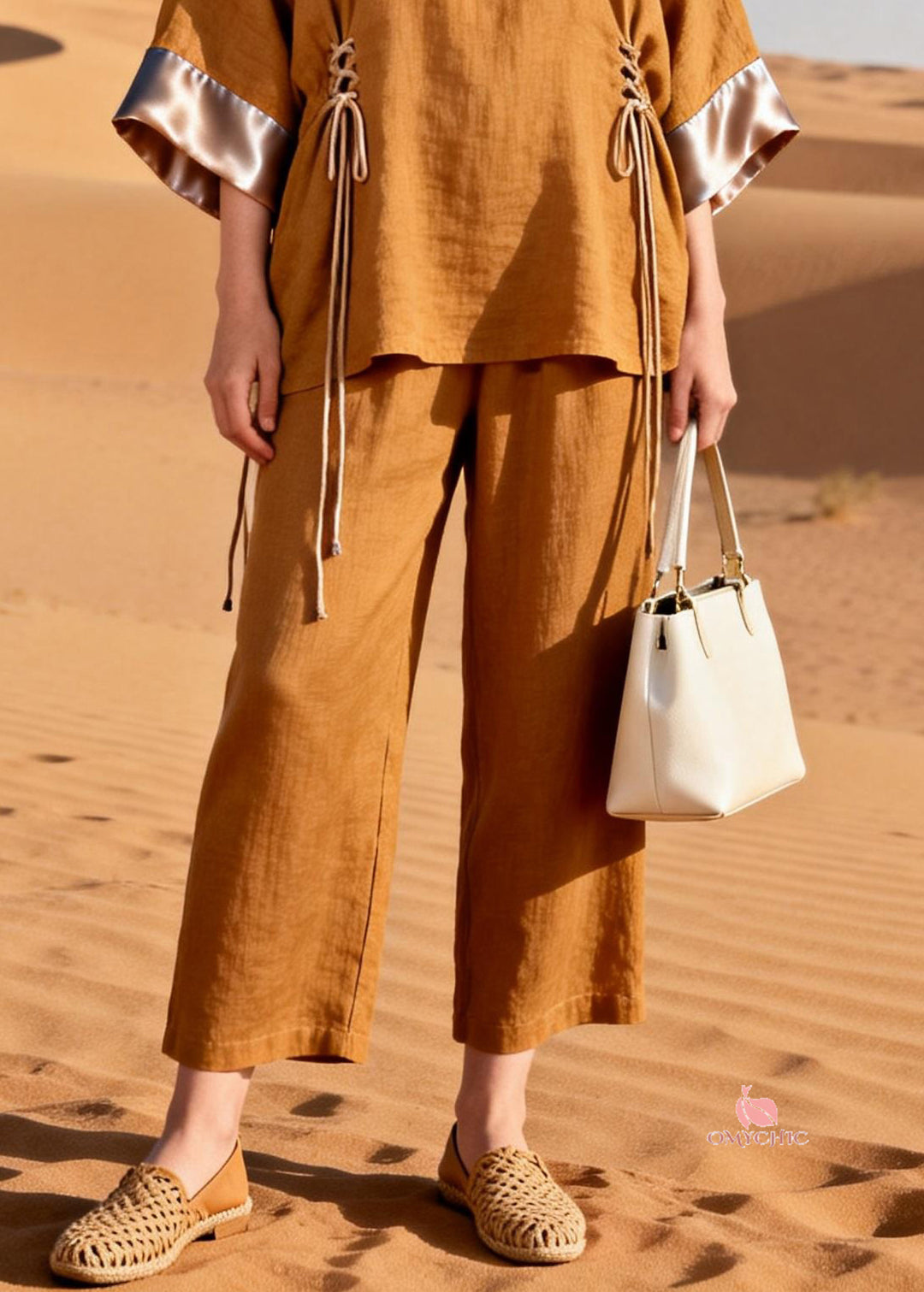 Caramel Cinched Silk Patchwork Two Piece Set V Neck Spring