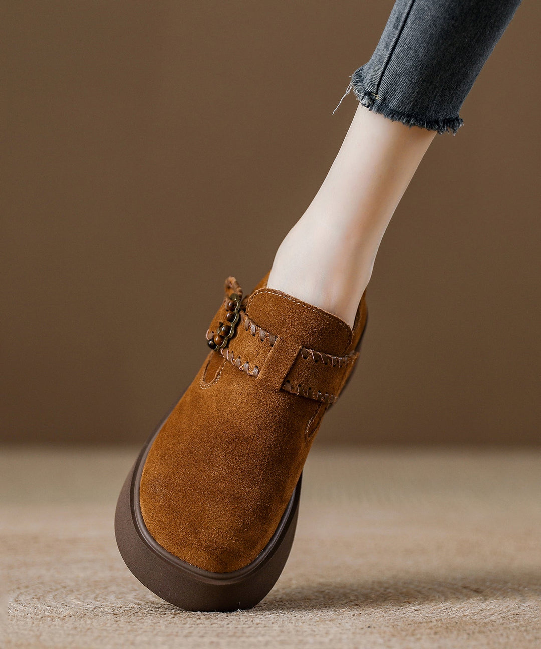 Caramel Suede Platform Flat Shoes For Women Splicing Buckle Strap