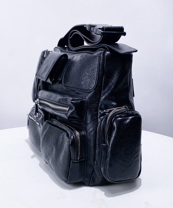 Casual  Black Asymmetrical Pockets Faux Leather Message Bag