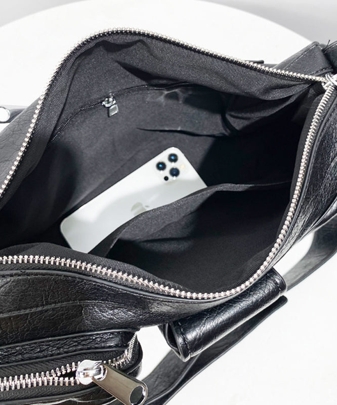 Casual  Black Asymmetrical Pockets Faux Leather Message Bag