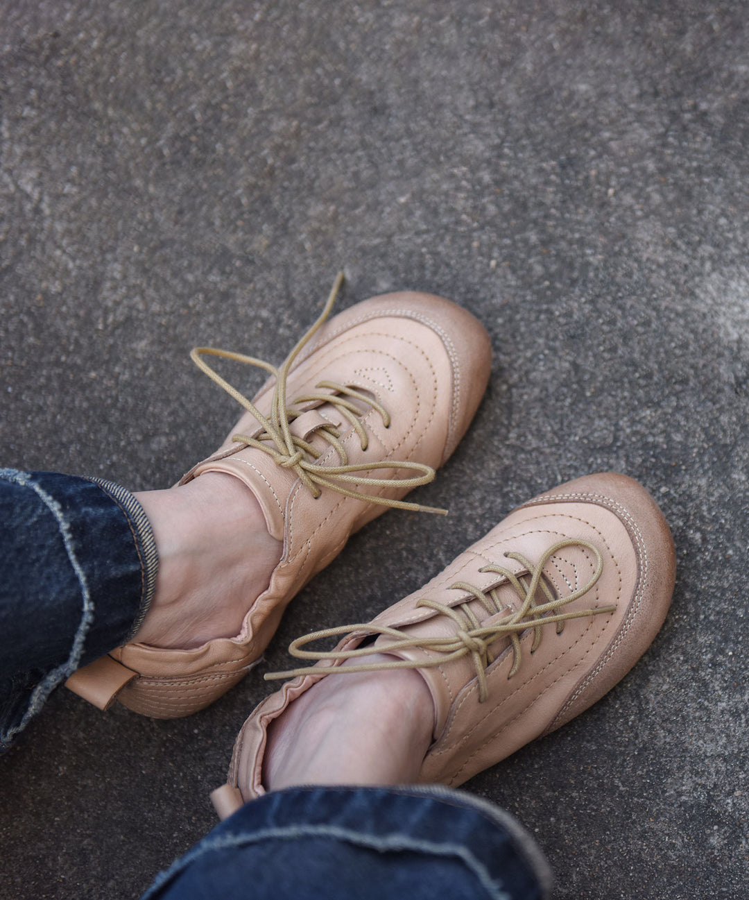 Casual Apricot Cowhide Leather Lace Up Splicing Flats