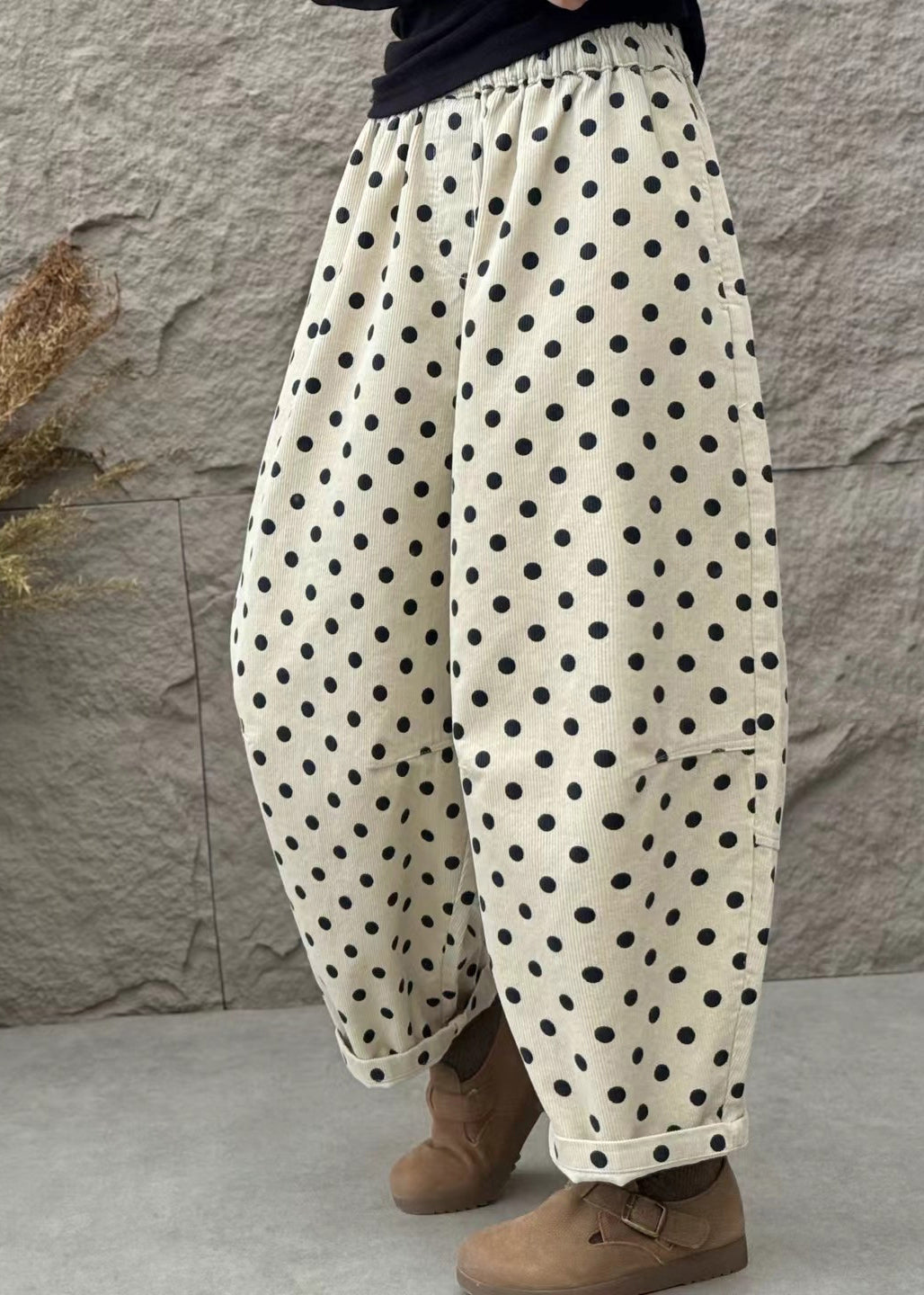 Casual Apricot Dot Pockets Corduroy Balloon Crop Pants Fall