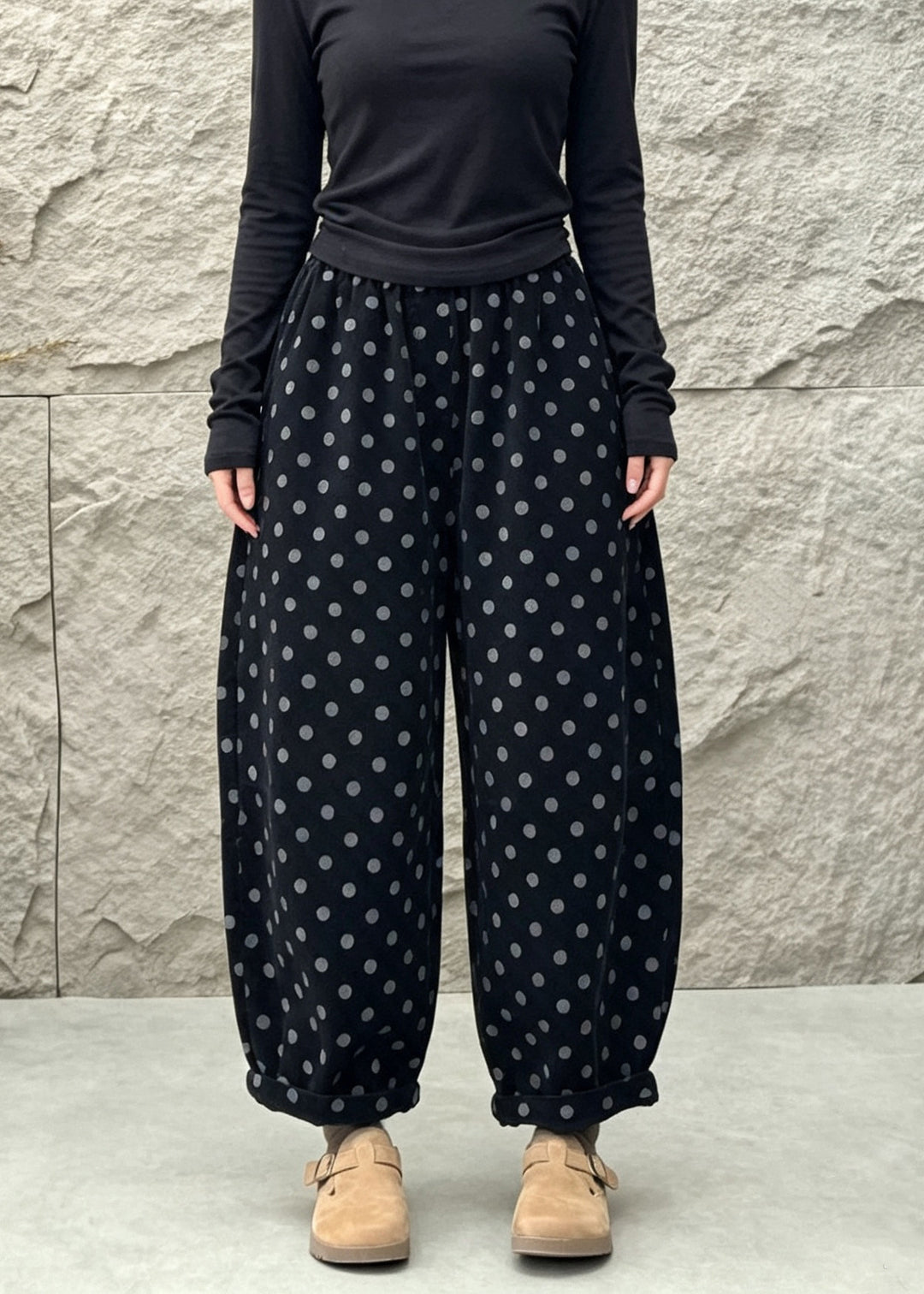 Casual Apricot Dot Pockets Corduroy Balloon Crop Pants Fall
