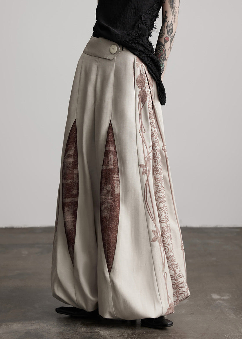 Casual Apricot Embroidered Drawstring Cotton Lantern Pants Spring