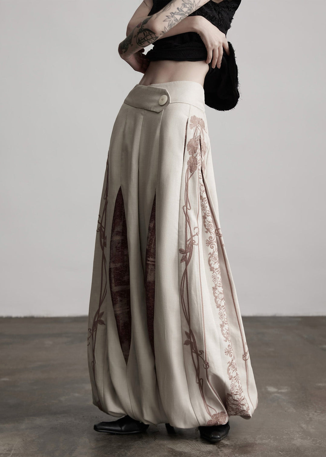 Casual Apricot Embroidered Drawstring Cotton Lantern Pants Spring