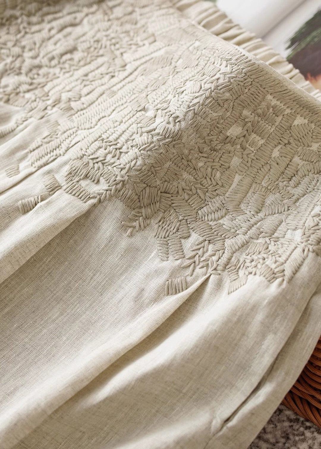 Casual Apricot High Waist Embroidered Linen Wide Leg Pants Fall