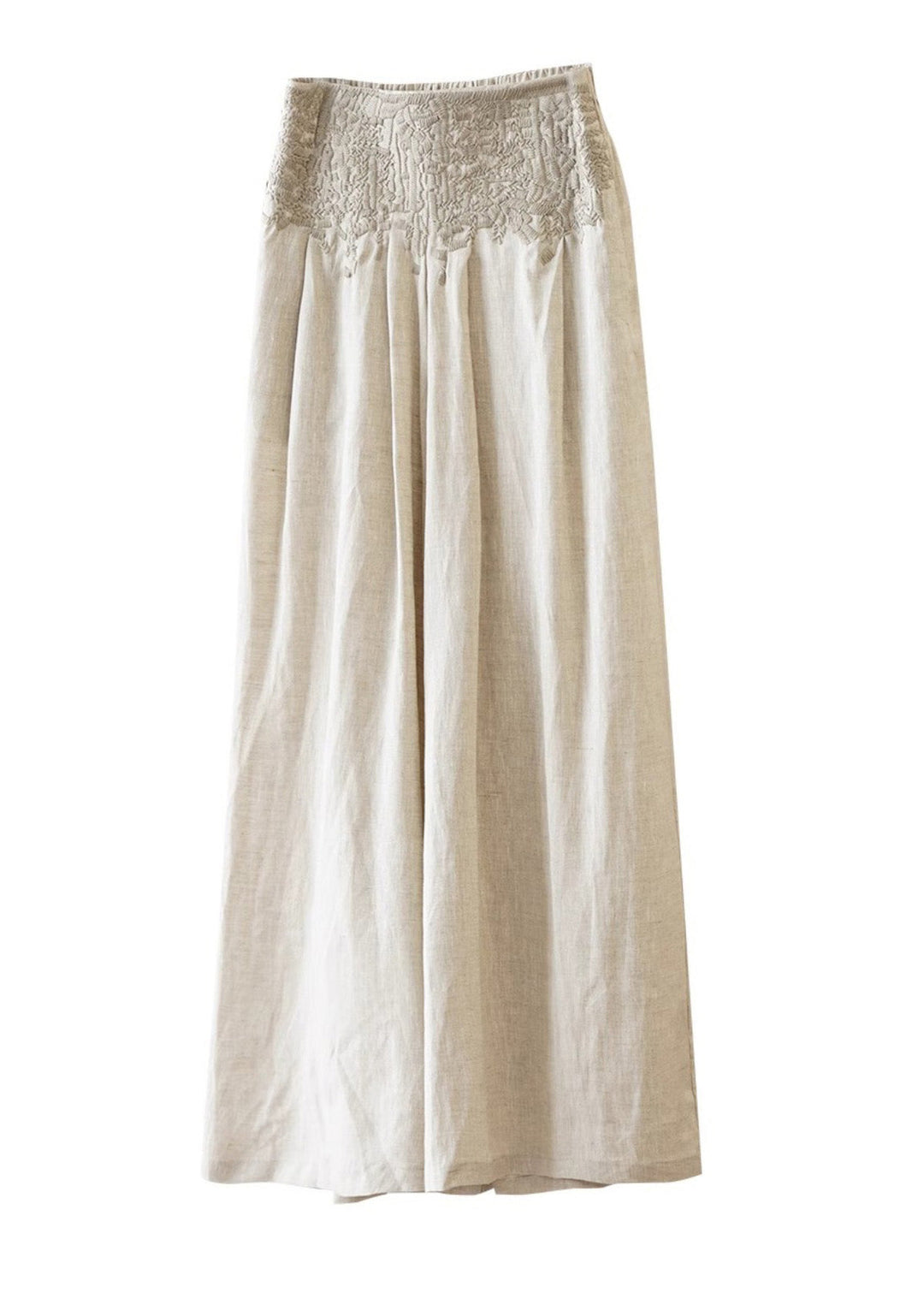 Casual Apricot High Waist Embroidered Linen Wide Leg Pants Fall