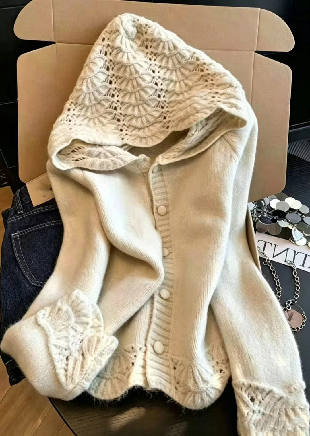 Casual Apricot Hollow Out Hooded Knit Cardigan Fall