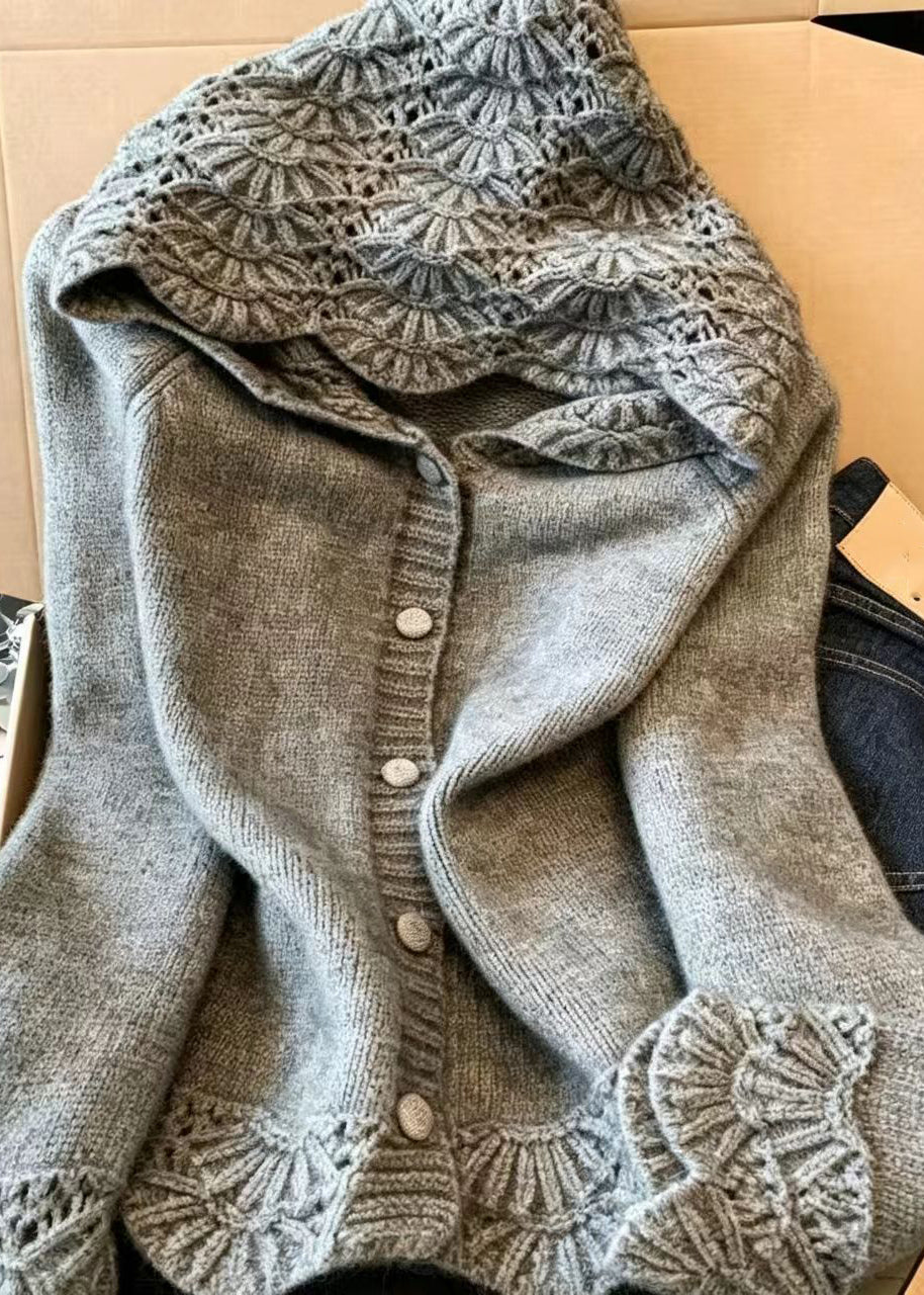 Casual Apricot Hollow Out Hooded Knit Cardigan Fall