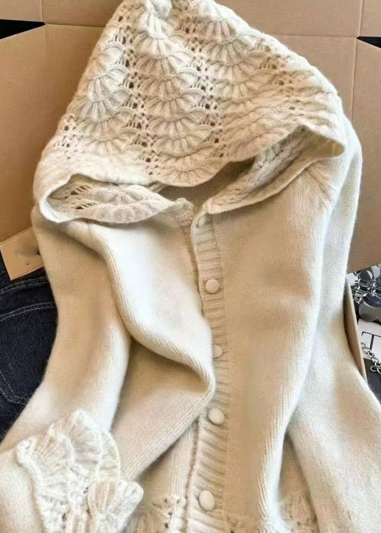Casual Apricot Hollow Out Hooded Knit Cardigan Fall
