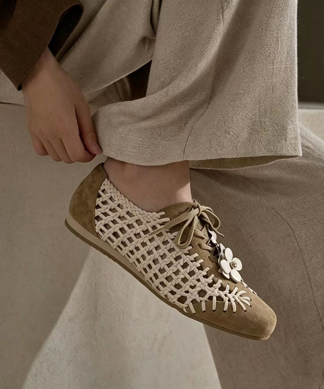 Casual Apricot Lace Up Floral Suede Splicing Hollow Out Flats Shoes