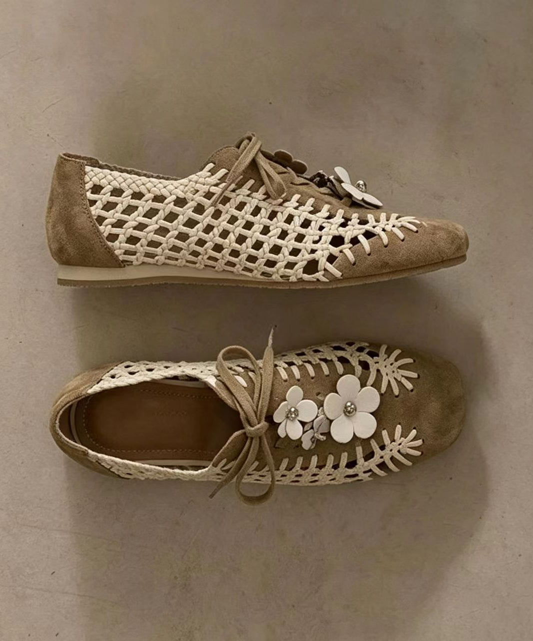 Casual Apricot Lace Up Floral Suede Splicing Hollow Out Flats Shoes
