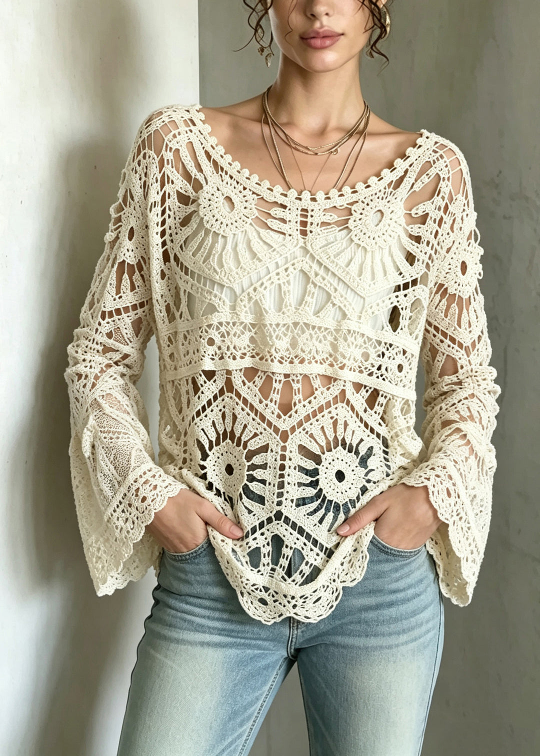 Casual Apricot O-Neck Hollow Out Crochet Shirts Fall