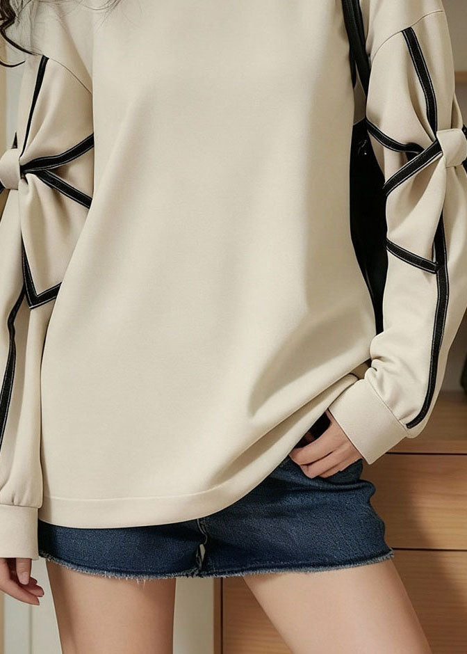 Casual Apricot O-Neck Patchwork Bow Tie Waist Sweatshirts Long Sleeve