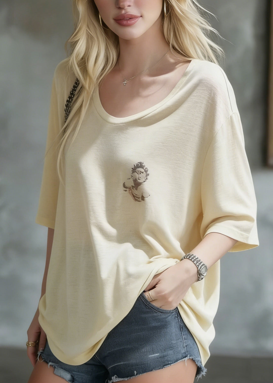 Casual Apricot O Neck Print Plus Size Cotton T Shirt Summer
