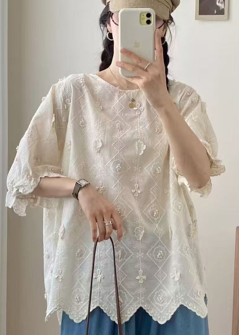 Casual Apricot Oversized Jacquard Cotton Top Summer