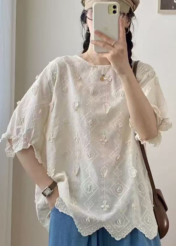 Casual Apricot Oversized Jacquard Cotton Top Summer